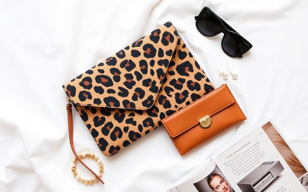 Flat lay of fashion accessories: leopard clutch, sunglasses, leather wallet and jewellery